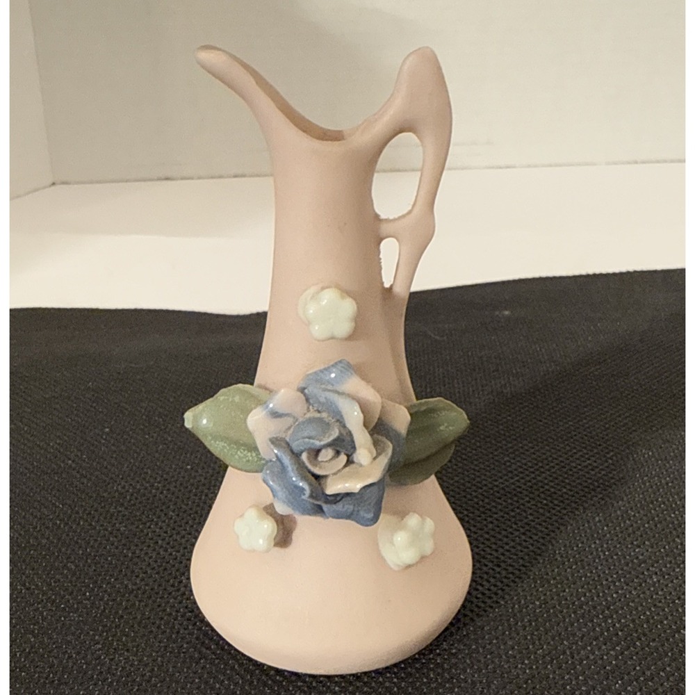 Vintage Light Pink Ceramic Miniature Pitcher with Blue Rose-Made In Japan-3.5" H